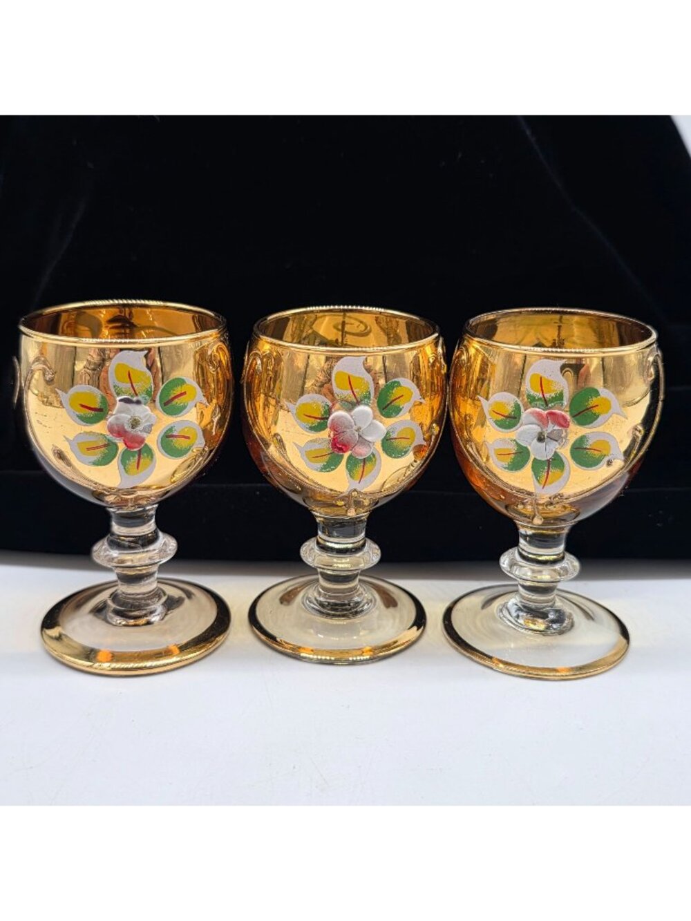Bohemian Czech Glass Cordial Glasses Enamel Gold Floral Design  Liquor Set of 3